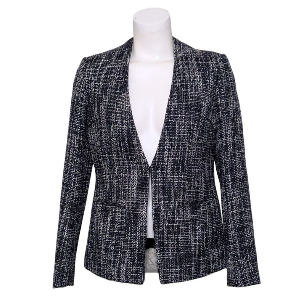 Brooks Brothers 346 Sz 4 Blue Tweed Blazer Women Lapel-less Preppy Office Career